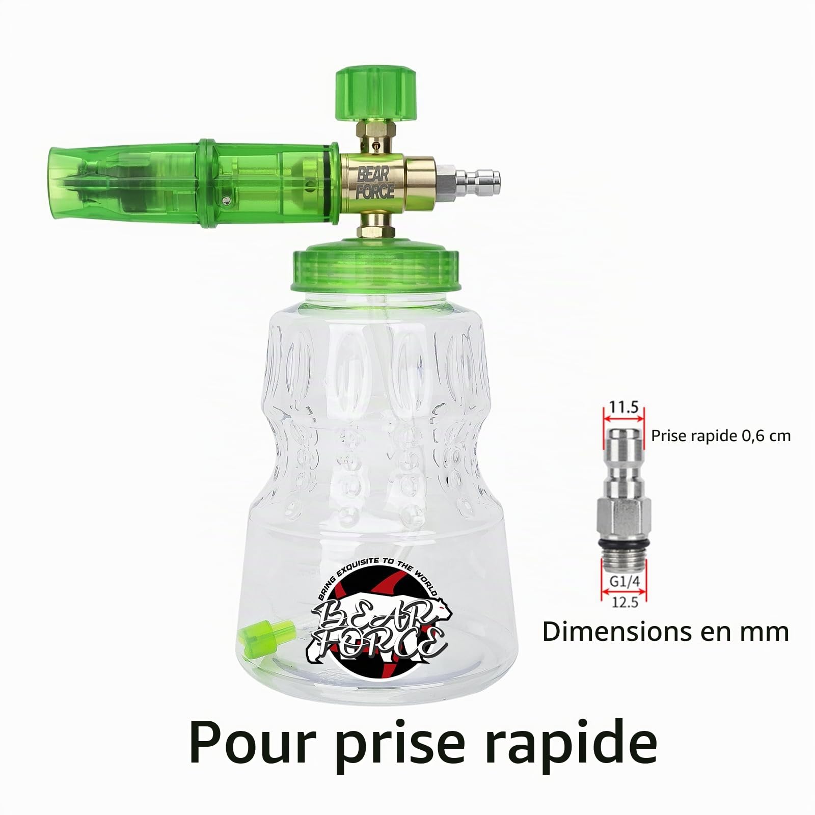 BEAR FORCE Canon à mousse en aluminium, dégagement rapide 6,35 mm, bouteille 1 l, argent, prise rapide 1/4, valve à soupape, 2 ports