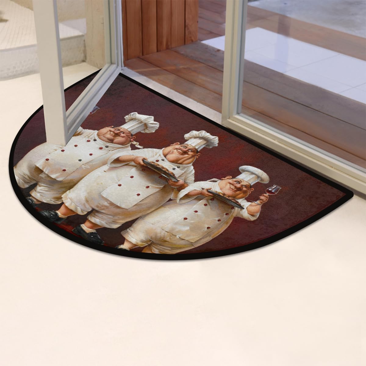 Half Round Door Mat Washable Non-Slip Front Doormat Chef White Fat Welcome Semi Circle Area Rug Half Moon Mats Semi Floor Rugs Indoor Entrance Kitchen Home Bedroom Living Room Decor