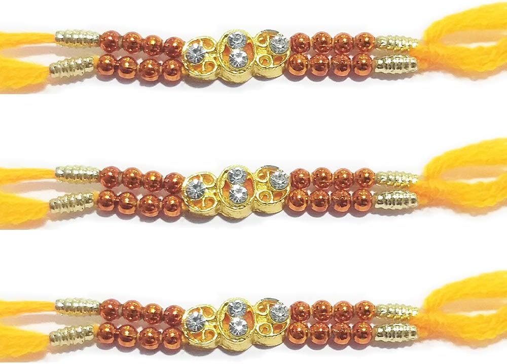 Bignay Set of 3 Rakhi Thread, 5 Diamond & Multi Beads, Rakhi for Brother, Rakhi Bracelet, Designer Rakhi, (Assorted Design & Color)