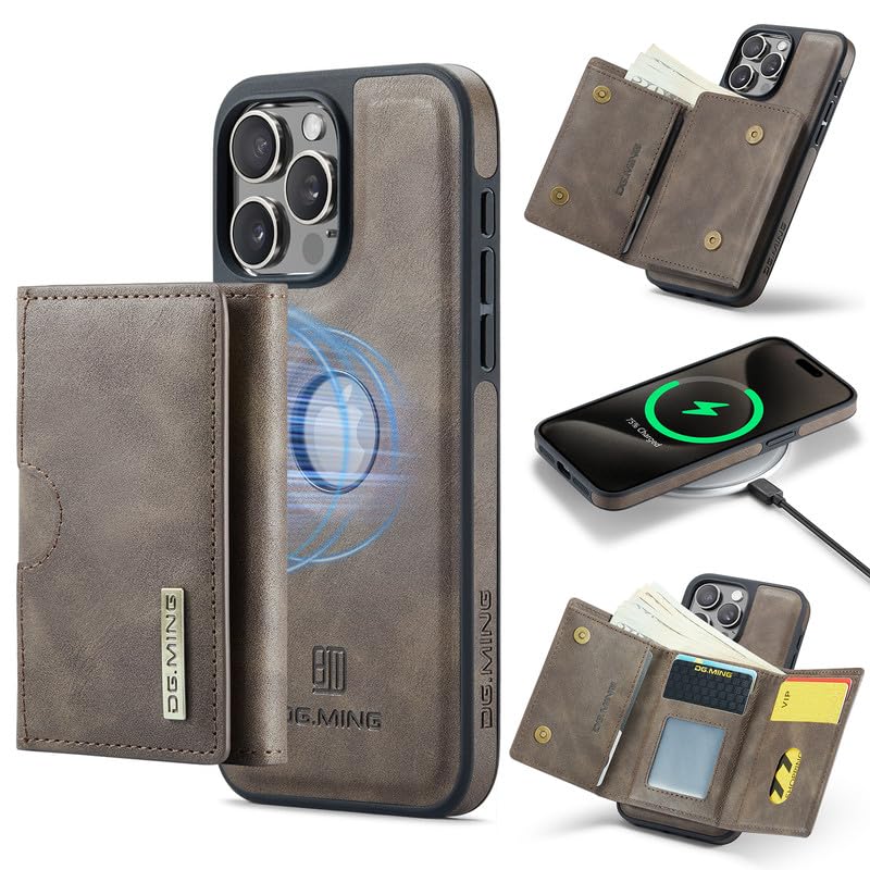 Étui en cuir iPhone 15 Pro Max portefeuille magnétique amovible charge sans fil et RFID café