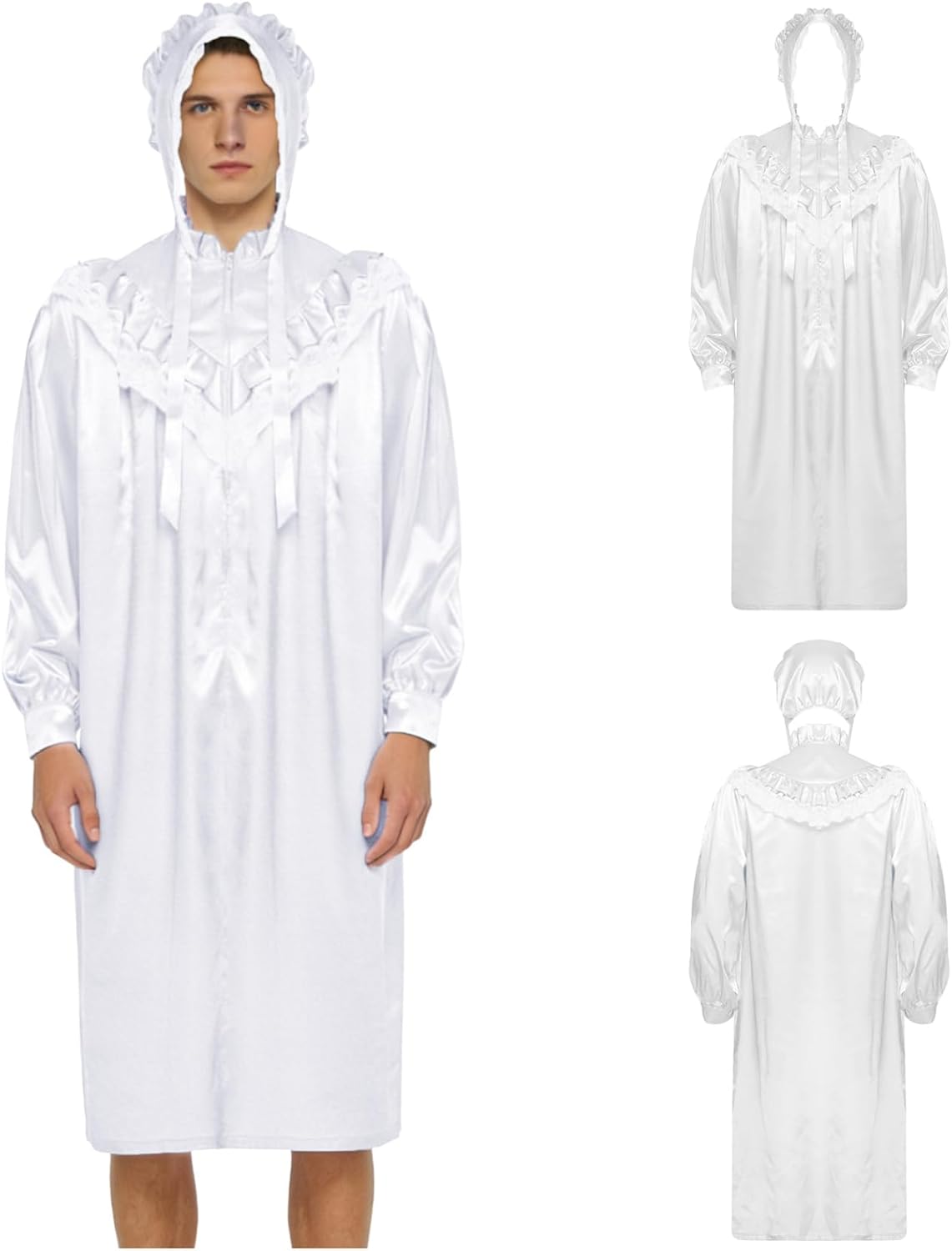 Jhaoyu Mens Shiny Satiny Victorian Style Nightgowns Lace Trim Long Sleeve Front Zipper Nightshirts
