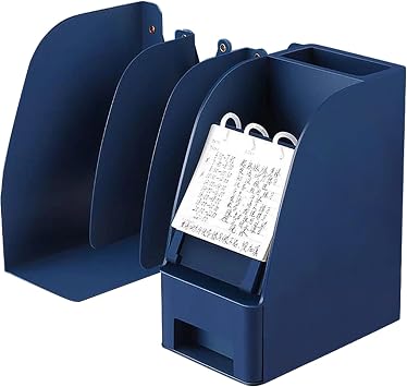 Adjustable Bookends with Drawer, Anti-Slip Design Expandable Book Ends with 4 Compartments for Desk, OfficeBlue, 23.23 inches Max