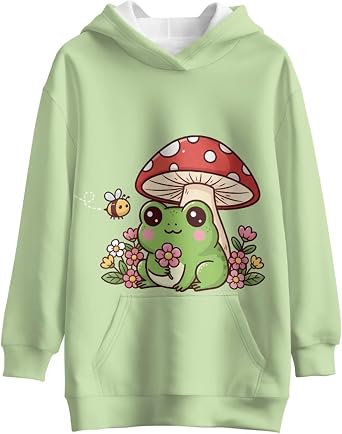 Kids Long Sleeve Pullover Hoodies Animal Hoodie Frog Sweatshirt Girls with Pocket Casual Clothes Size 5-14 Years