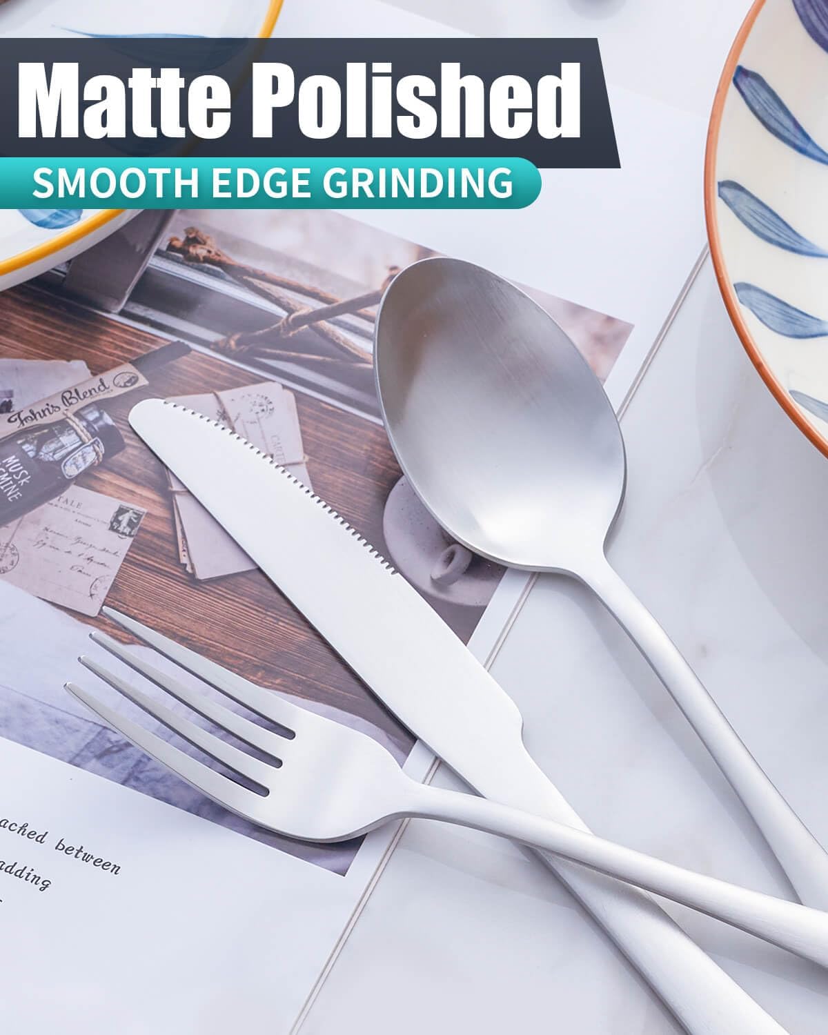 36-Piece Matte Silverware Set With Steak Knives, Stainless Steel Flatware for 6, Modern Cutlery Utensils, Spoons and Forks for Restaurant, Dishwasher Safe