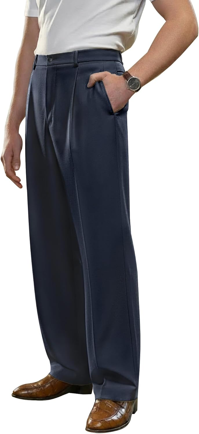 PLEPAN Men's Casual Dress Pants Pleated Baggy Wide Leg Relaxed Fit Slacks Expandable Waist Trousers