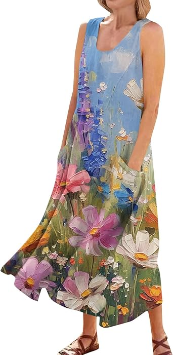 Plus Size Cotton Linen Summer Dresses for Curvy Women 2025 Sleeveless Maxi Vacation Beach Sundresses with Pockets