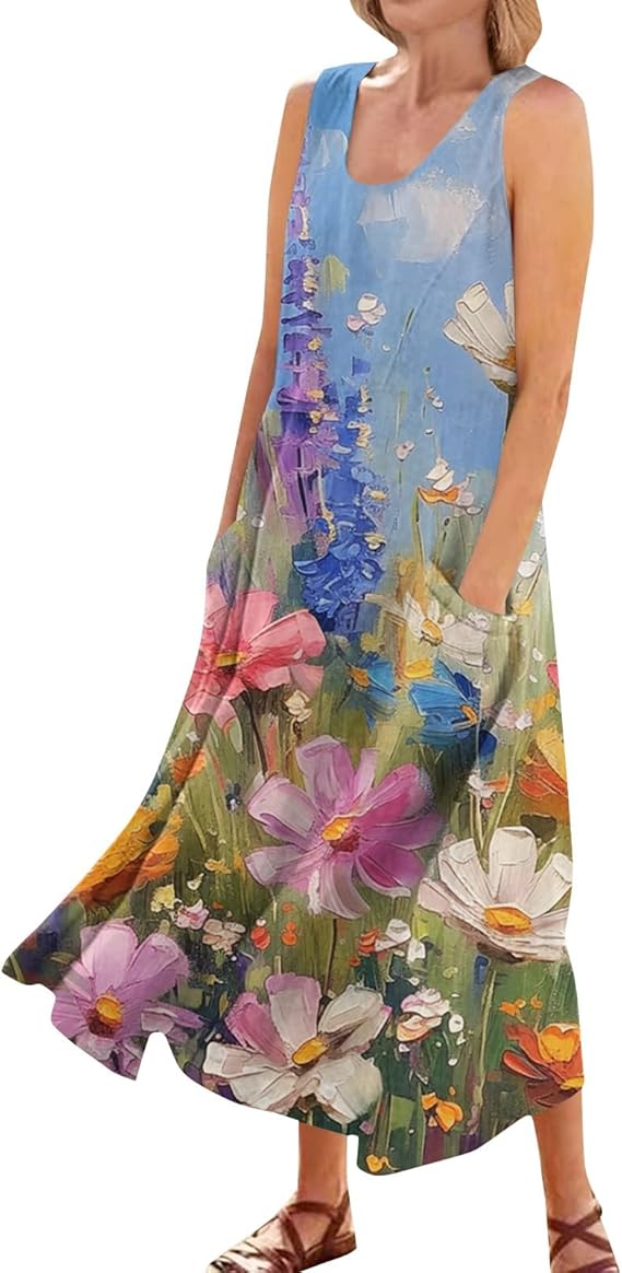 Plus Size Cotton Linen Summer Dresses for Curvy Women 2025 Sleeveless Maxi Vacation Beach Sundresses with Pockets