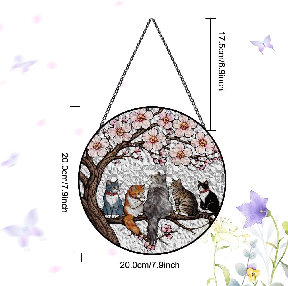 PLIGREAT Tree Branch Cat Stained Glass Window Hanging, Round Painted Stained Suncatcher 7.87" Glass Panel Sun Catchers for Garden Home Outdoor Indoor Art Decor Wall Hanging Ornament Women Men Gift image 3