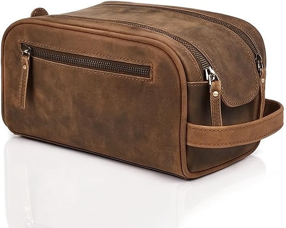 Hindoro Buffalo Leather Toiletry Bag | King-Size Vintage Travel Shaving & Ditty Kit | for Toiletries, Cosmetics & More | Spacious Interior & Waterproof Lining | Compact, Fits Easily in Luggage