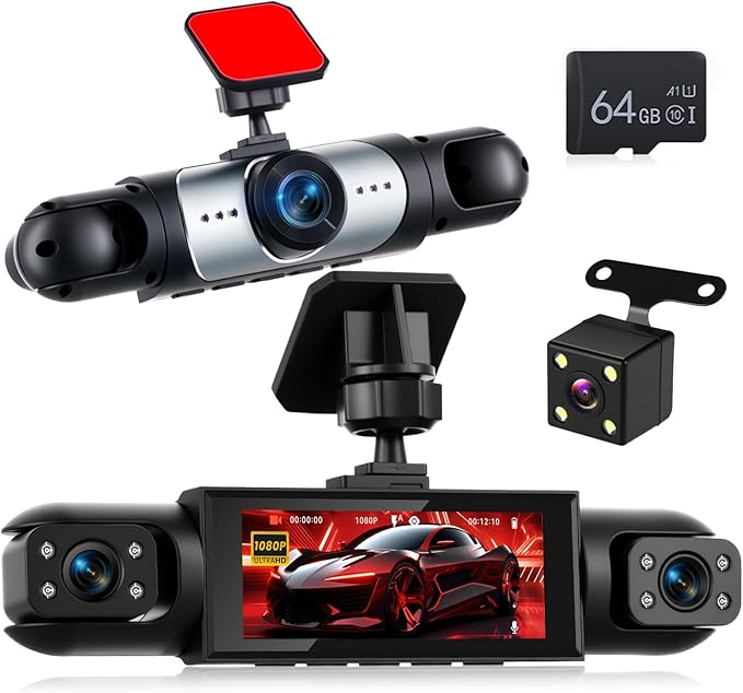 NHOPEEW Dash Cam a 4 canali 1080P – Telecamere anteriore, sinistra, destra e posteriore con grandangolo, display da 3,16", visione notturna IR, registrazione in loop, rilevamento del movimento
