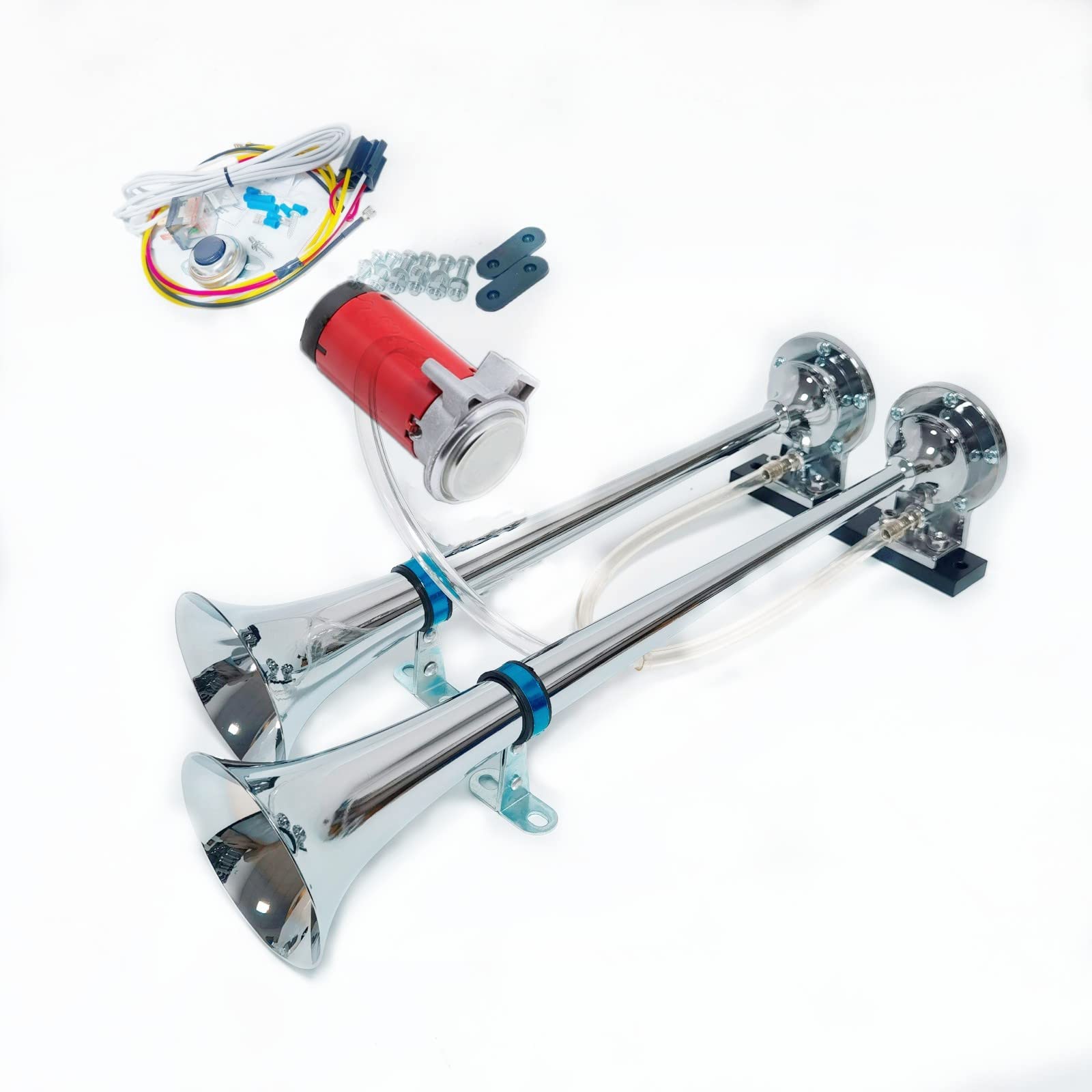 Clacson per auto Clacson per camion 175db Clacson per auto Argento Car Horn Tono alto e basso tono Corno zinco cromato doppio tubo con compressore rosso Air Horn per 24V auto yacht barca ecc