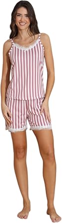 Pembe-Beyaz  izgili Dantel Detayl   p Ask l   ortlu Pijama Tak m