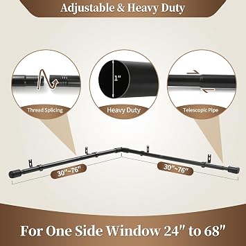 Heavy Duty 1 Inch Corner Curtain Rods Set 30-76 Inch Curtain Rod for Windows L Shaped Curtain Rods Window Curtain Rods Set (Black)