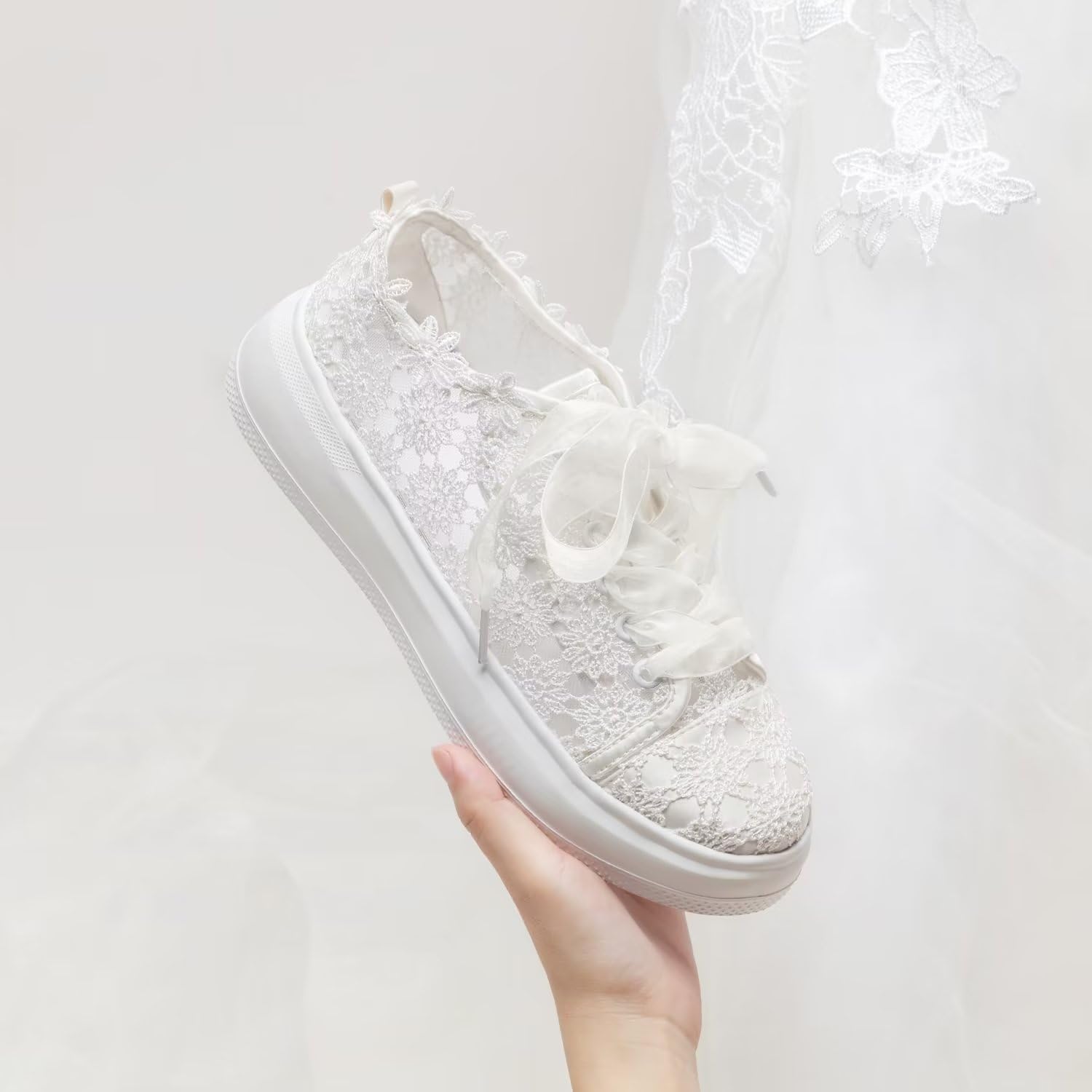 Emily Bridal 115-11 Women's Wedding Sneakers Flats Tennis Shoes Flower Lace Sneakers