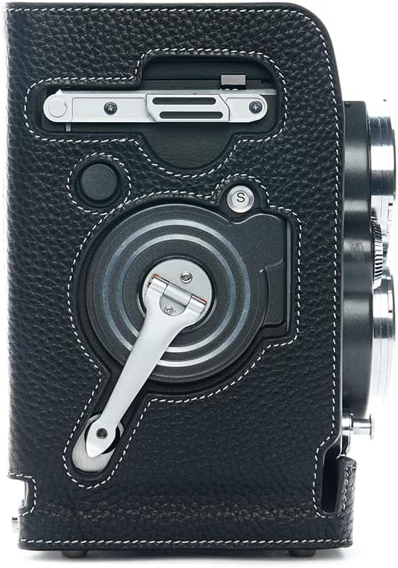 TP Original Handmade Genuine Real Leather Half Camera Case Bag Cover for Rolleiflex 2.8GX with Scissor Clip Black Leather White Stitching
