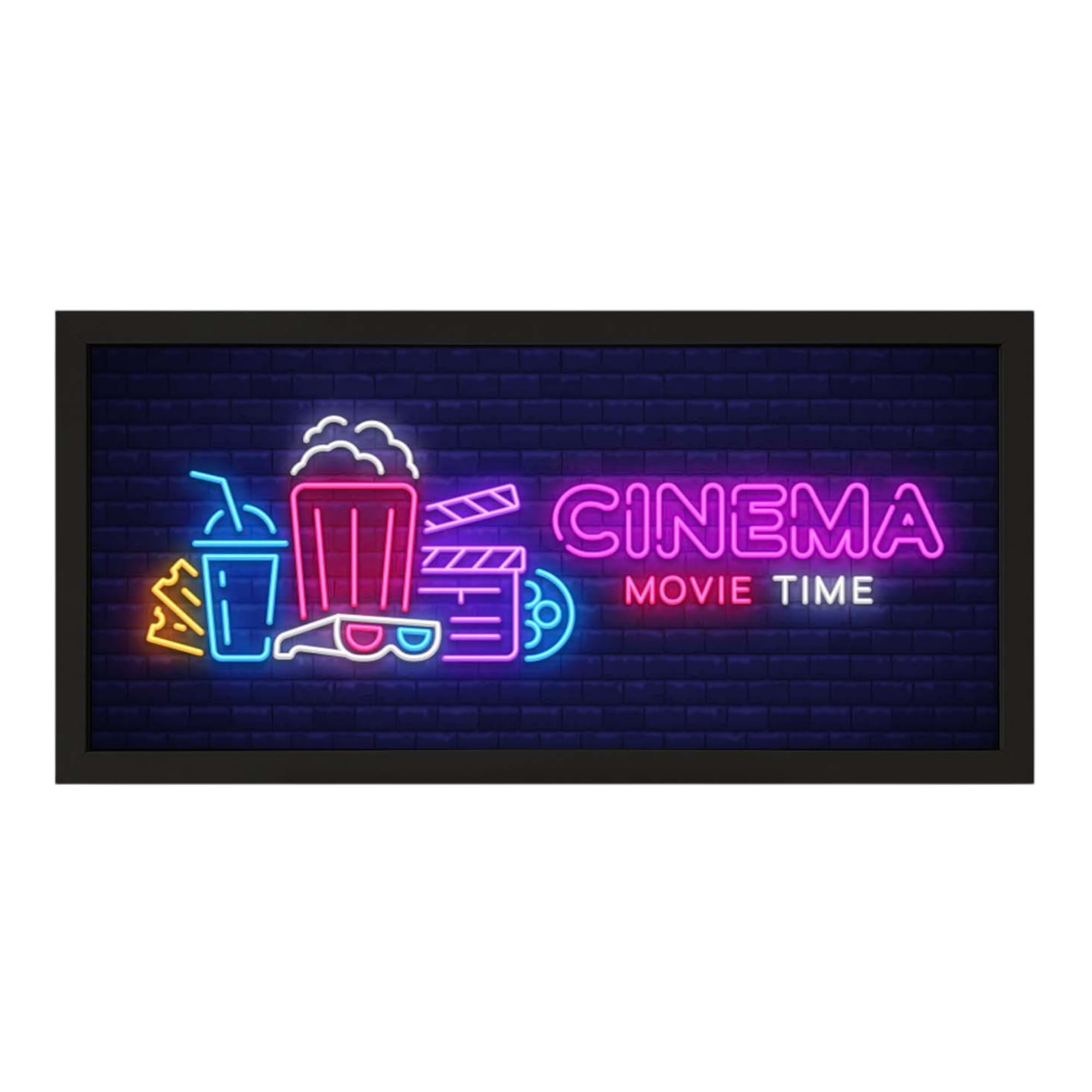 Echo Three Black Wall Art Framed Print Home Cinema Movie Time | Neon Effect Print Room Sign | Retro Theatre Lounge Room Decor | Large Wide Movie Night Sign Now Showing Fan Display | Film Fan Gift