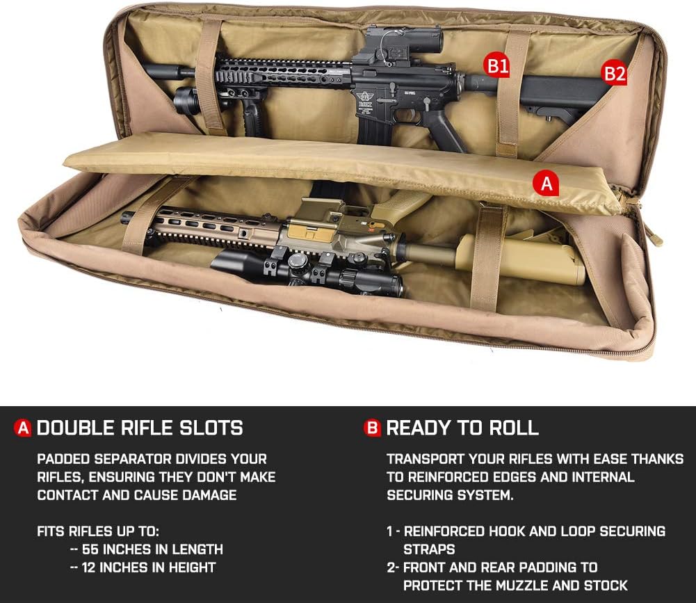 Lancer Rifle Case 600D Polyester Double Long Rifle Bag Tactical Gun Case Accessory Pouches Secondary Gun Compartment Lockable Compartment Inner Storage Backpack Straps for Hunting Shooting