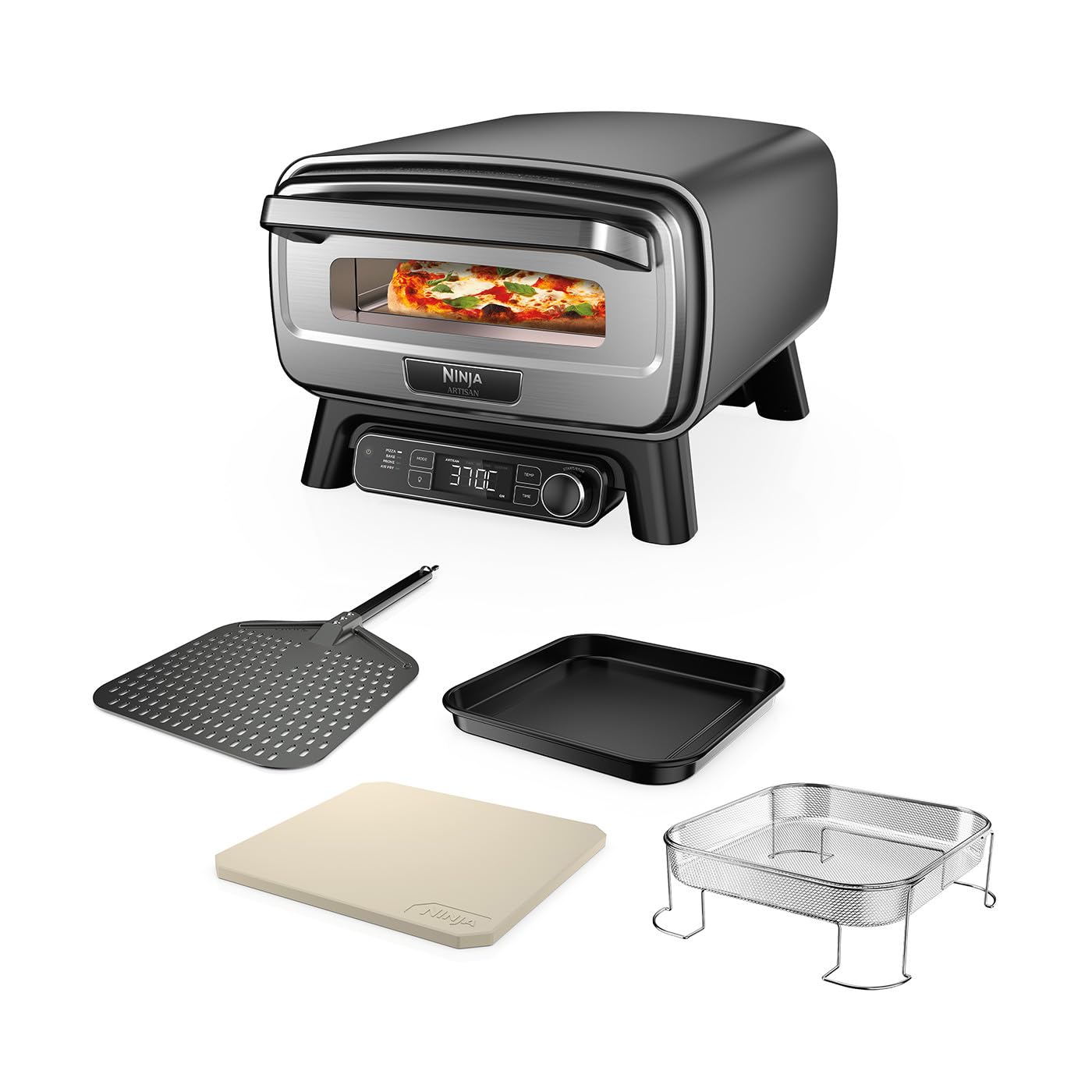 Ninja Artisan Forno elettrico per pizza e friggitrice ad aria, Pizza, Frittura ad aria, Cottura al forno e Lievitazione, pietra refrattaria da 30Â cm, pala, teglia e cestello, grigio MO201EU