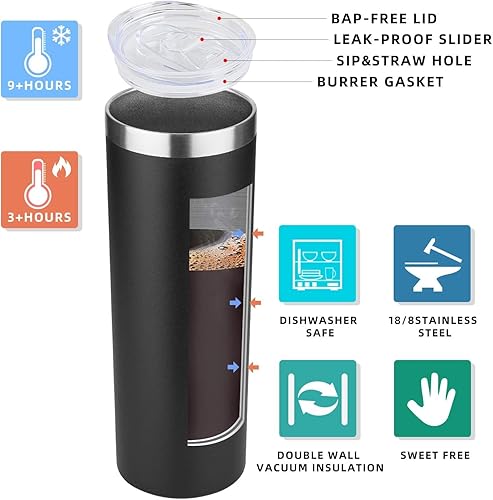 Miniatura 3 de HASLE OUTFITTERS Juego de vasos delgados de 20 onzas a granel, vasos delgados aislados de acero inoxidable con tapas, tazas de café reutilizables de