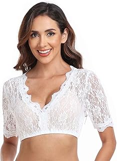 Jecarden Trachten Damen Dirndlbluse Spitze - Weiß Dirndlbluse Kurzarm Oktoberfest Dirndlblusen Halbarm Tracht Bluse