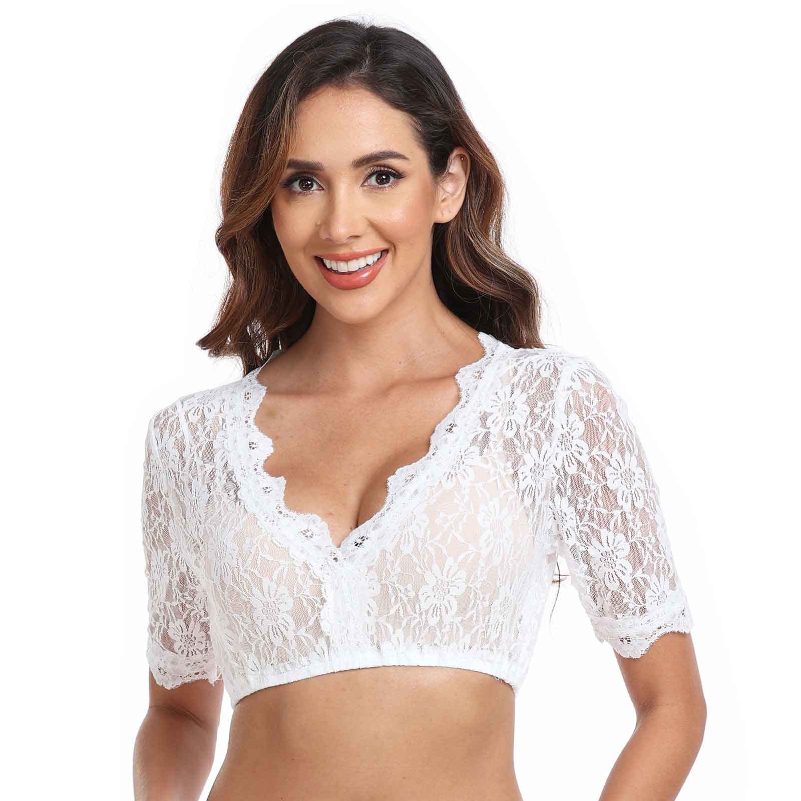 Jecarden Trachten Damen Dirndlbluse Spitze - Weiß Dirndlbluse Kurzarm Oktoberfest Dirndlblusen Halbarm Tracht Bluse