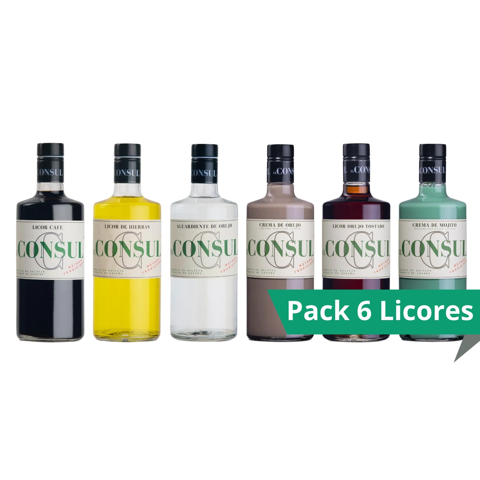 Pack Degustación Licores El Consul – 6 Botellas de Orujo, Café, Hierbas, Crema, Tostado y Mojito | Tradición y Sabor Artesanal