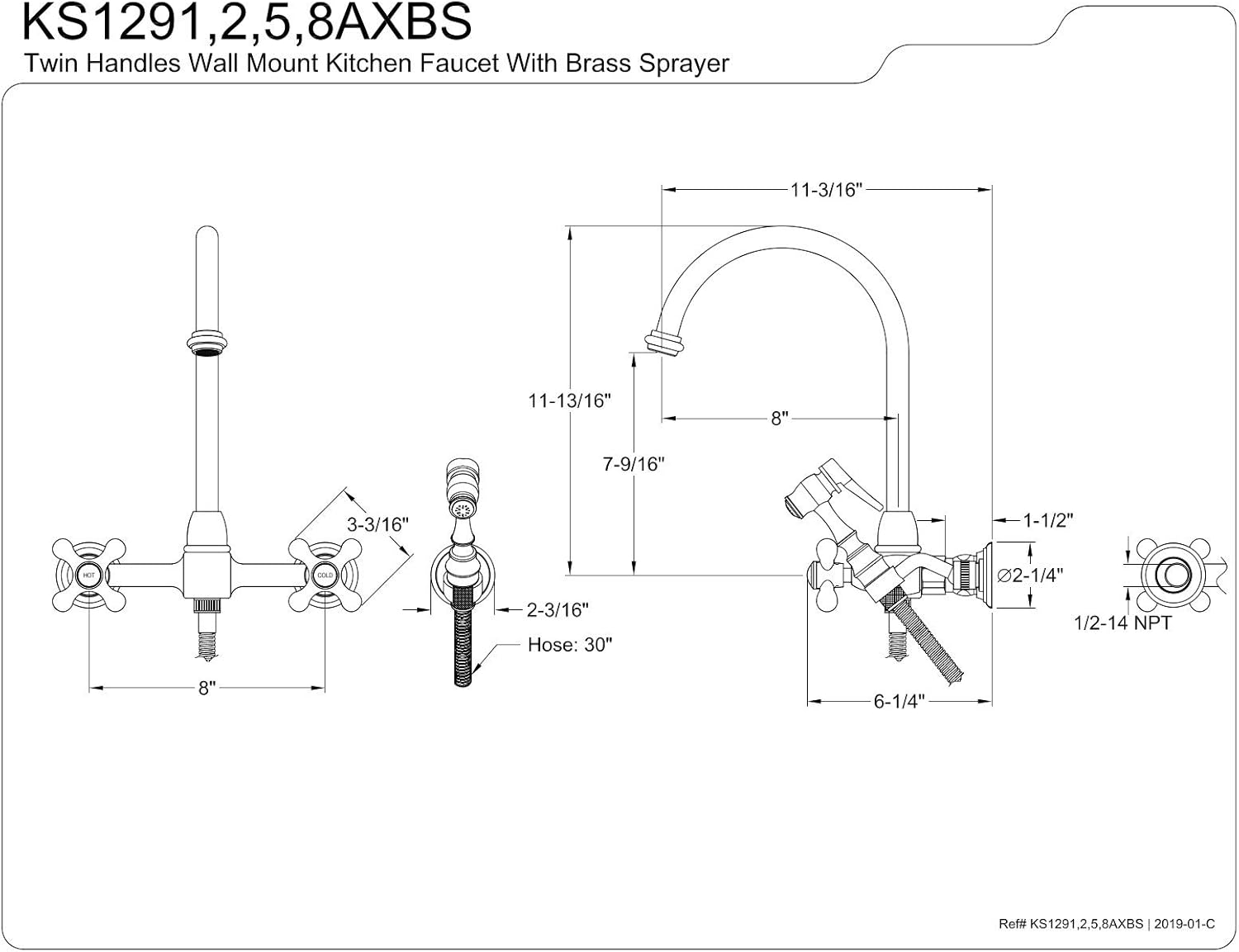Kingston Brass KS1292AXBS Restoration Wall Mount Bridge Kitchen Faucet with Brass Sprayer, Polished Brass