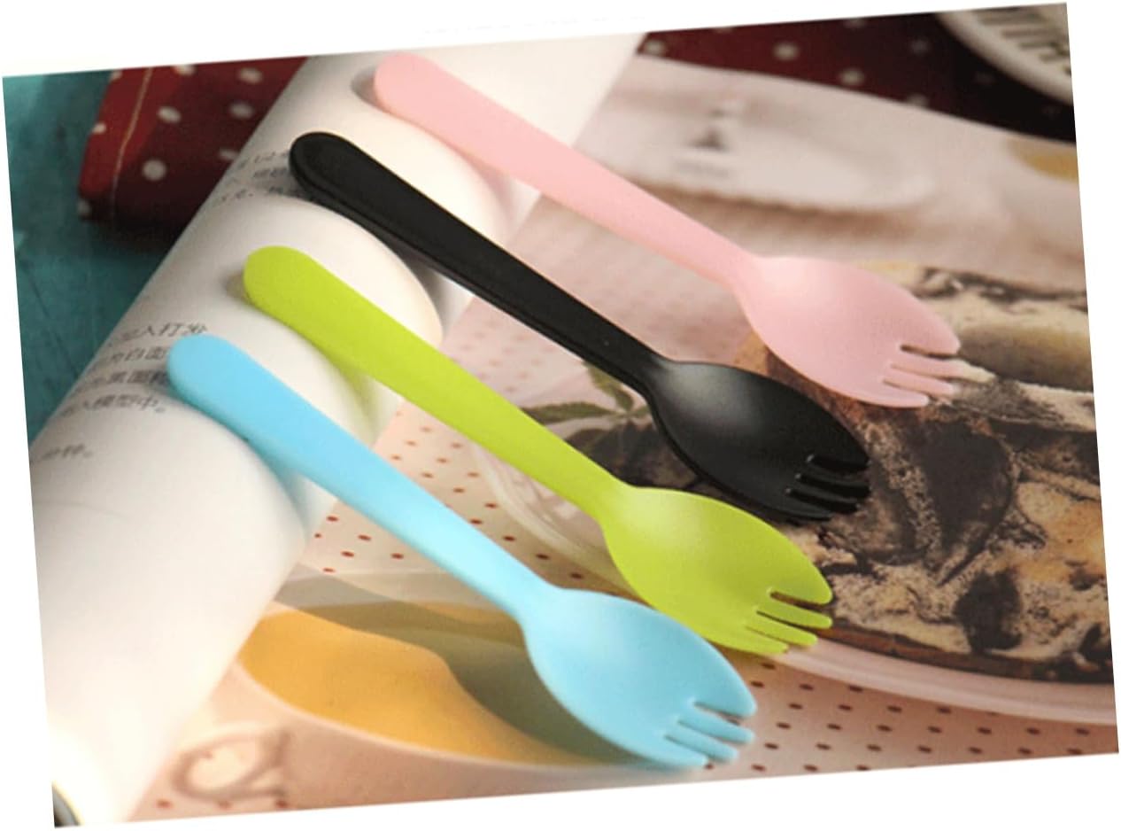 100pcs Sporks Disposable Plastic Forks Spoons for Fruit Cake Ice Cream Salad Non-stick Durable Blue and Everyday Use