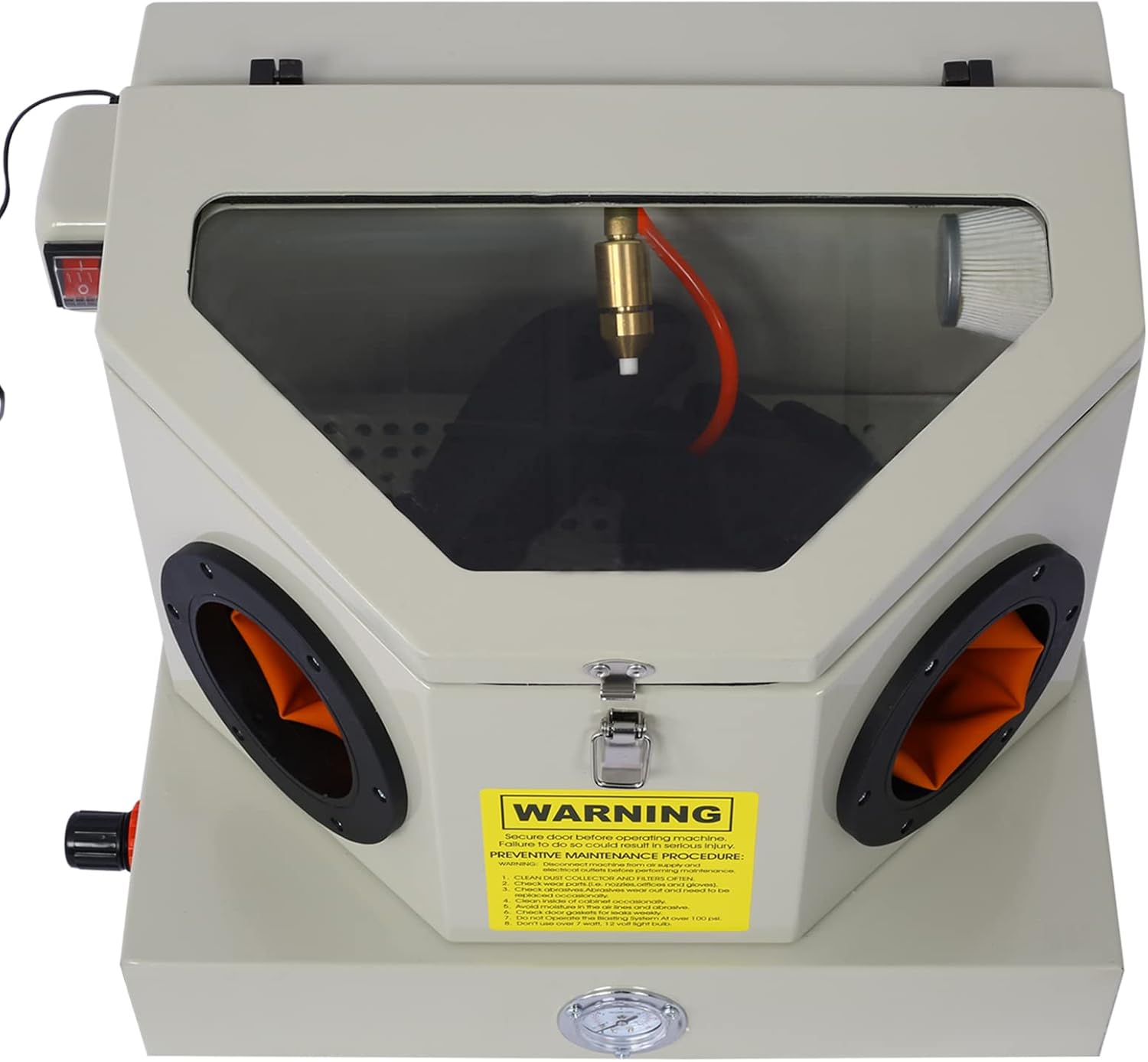 Kaimei Ergonomic Mini Sandblaster with Steel Construction & Built-in Blast Gloves for Precise Sandblasting, Sand Cleaning, and Restoration - LED Lighting System