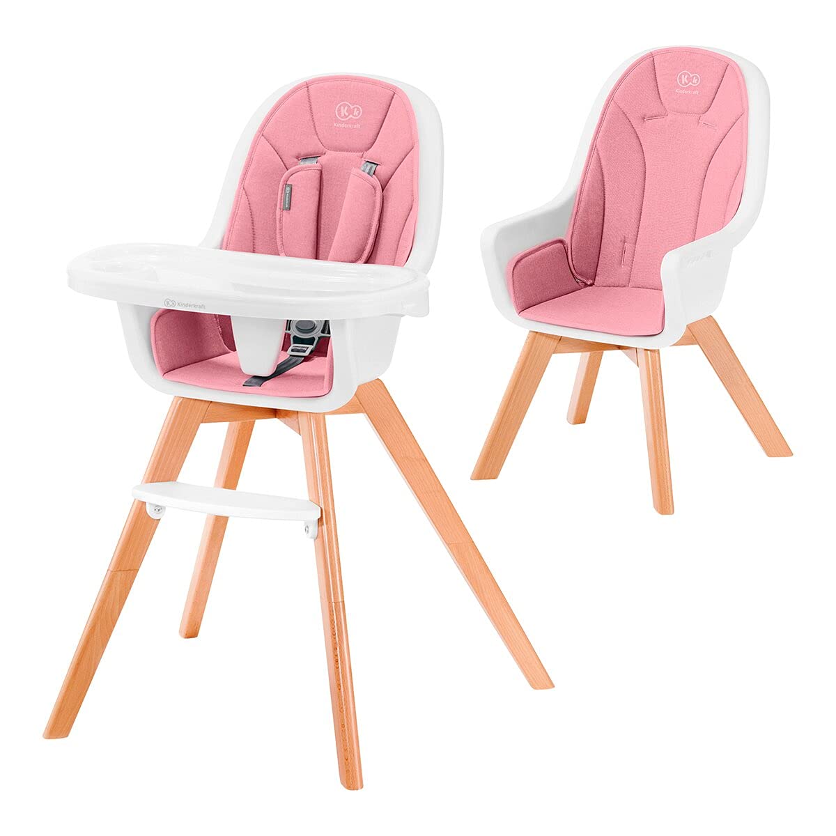 Kinderkraft Seggiolone Pappa TIXI, Gambe In Legno, Ergonomico, Vassoio Regolabile, Poggiapiedi, 6 Mesi fino a 5 Anni, Rosa