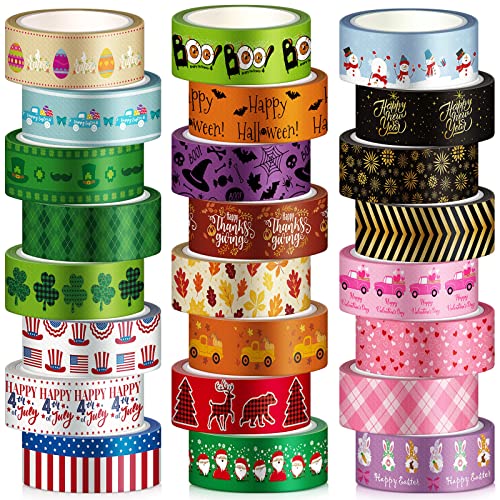 24 Rolls Holiday Washi Tape Set Halloween New Year Festivals Decorative Tapes Easter Irish Day Four Leaf Clover Pattern for Scrapbooking DIY Crafts Journals Gift Wrapping 16.4 ft Long/roll