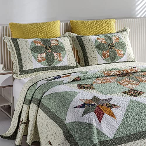 Yayiday Patchwork Bedspread Quilt Set Oversized Queen (Touch Floor Size) - Reversible Breathable Summer Blanket Floral Quilted Coverlet With Pillow Shams, Country Green Rustic Star Pattern Rural #TOP1
