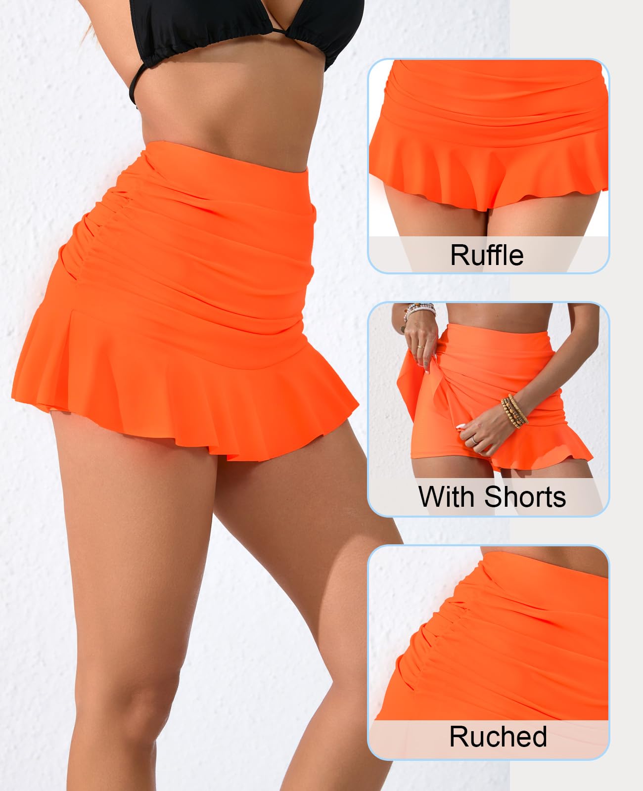 Halcurt Gonne da bagno da donna a vita alta con volant con controllo della pancia corto increspato bikini pantaloni da bagno