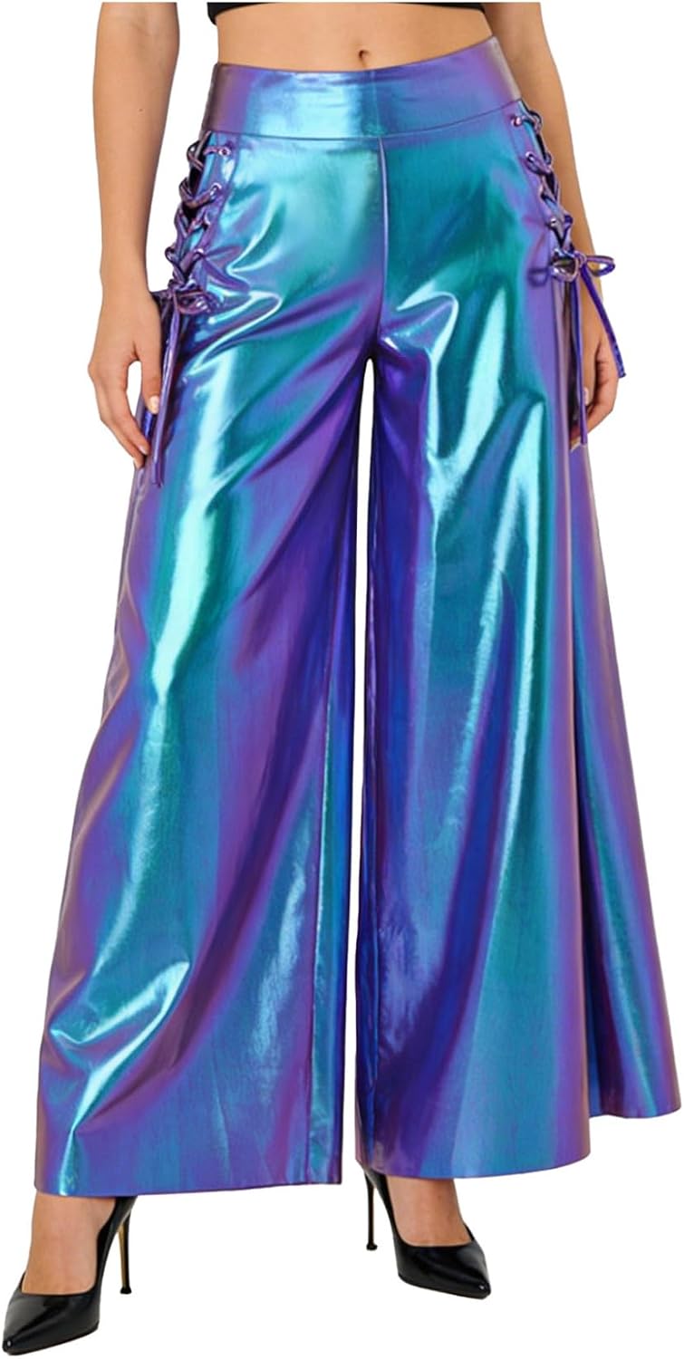 Mufeng Womens Shiny Metallic Disco Dance Wide-Leg Pants High Waist Side Slit Pants Clubwear