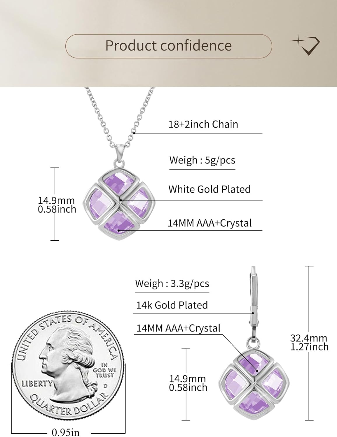 Crystal Pendant Necklace Earrings Sets for Women 14K Glod Plated Jewelry - Image 3