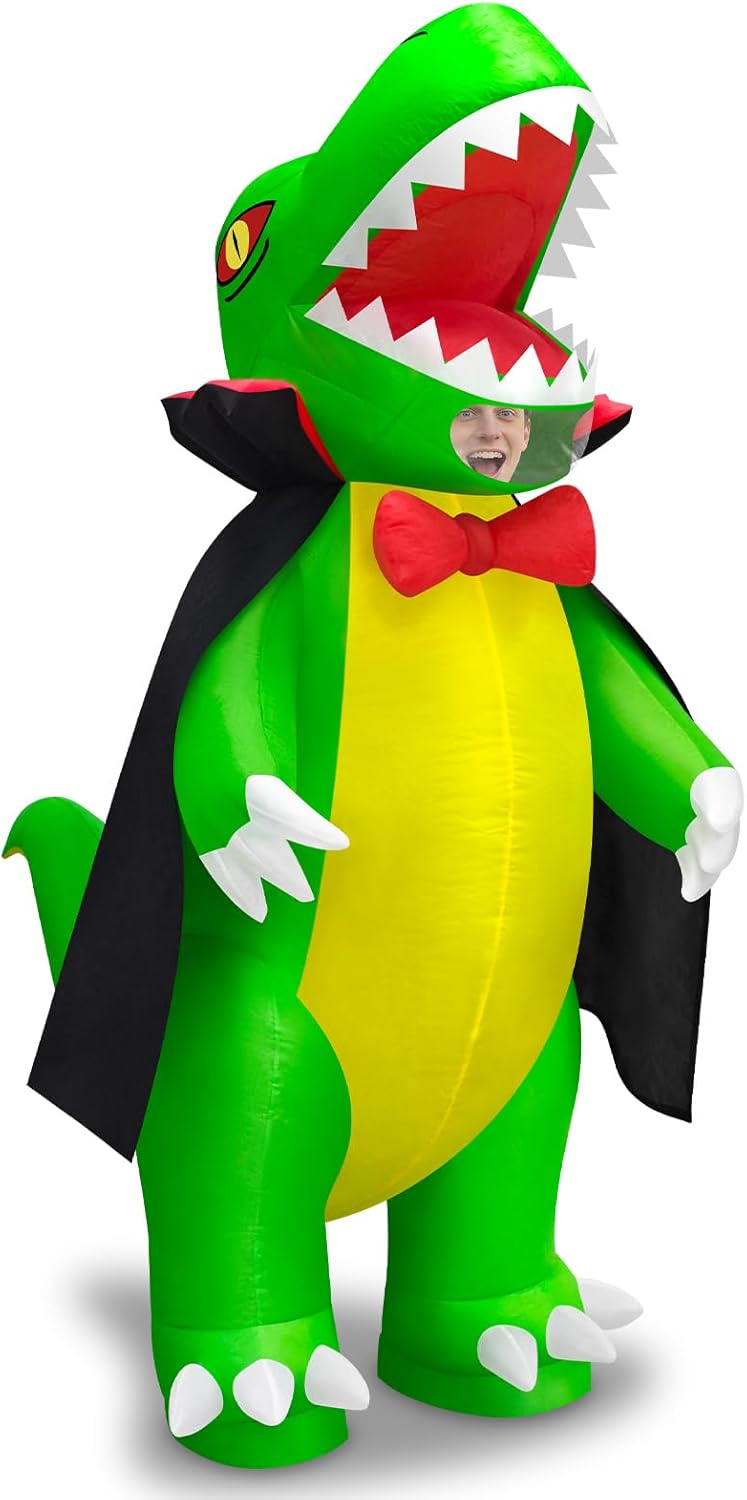 Danxilu Inflatable Vampire Dinosaur Costume for Adults, Funny Blow Up T-Rex Halloween Costumes for Men Women, Red Bowtie & Cape Dinosaur Suit, Cosplay Party Outfit One Size Fits Most, Birthday Gift