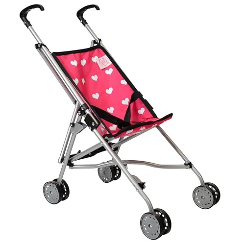 The New York Doll Collection First Dolls Stroller for Kids, one Piece – Red Color for18” inch Folds for Storage - Great Gift for Toddlers… (Pink Hearts)