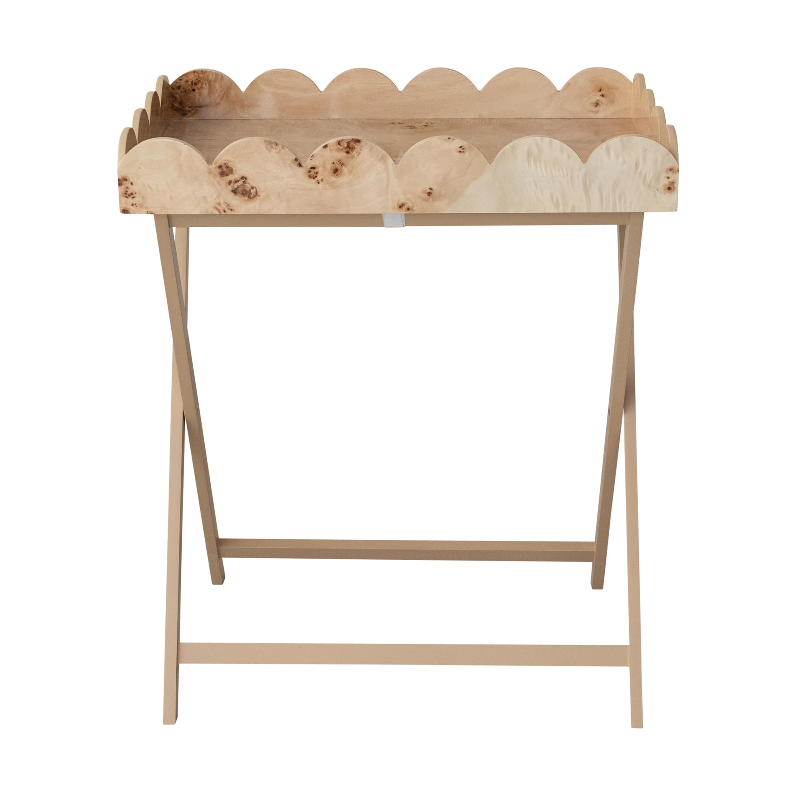 Condition photo showing New/Like New for burl wood veneer folding table with removable scalloped tray, natural