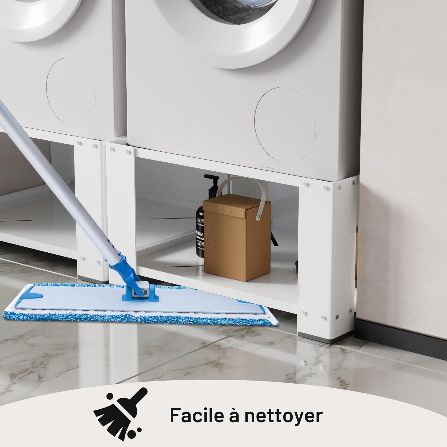 Fiqops Support de machine à laver avec étagère jusqu'à 150 kg, meuble bas pour machine à laver, socle stable pour sèche-linge, réfrigérateur, 60,6 x 60,6 x 40 cm, blanc