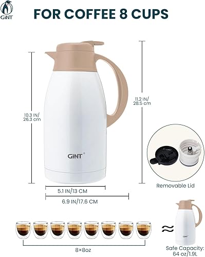 Miniatura 22 de GiNT Jarra térmica de café de acero inoxidable, dispensador de agua y bebidas al vacío de doble pared, retención de calor de 12 horas, 65 onzas/1.9
