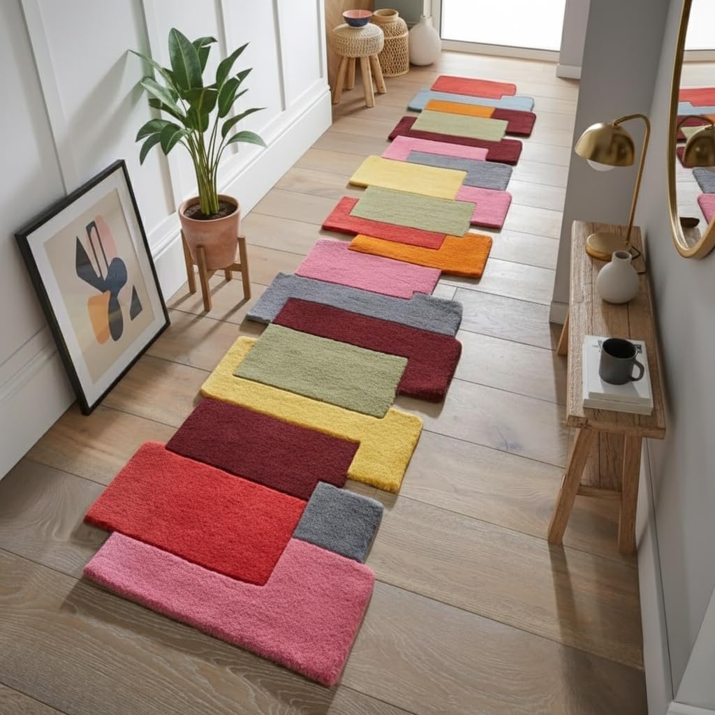 Restoration and Renovation Multi-Color Wool Runner Rug 2.6' x 8' – Handmade, Irregular Block Pattern, Artistic Geometric Design Carpet for Living Room, Bedroom, Kitchen & Home Decor