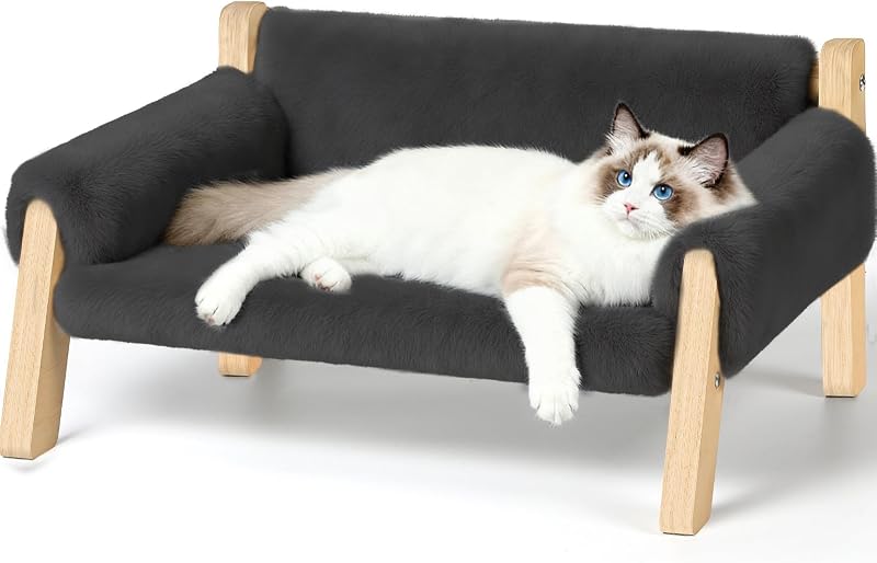 Sofá-cama elevado para gatos FAMIDGE de madeira com capa removível lavável, Cinza-escuro