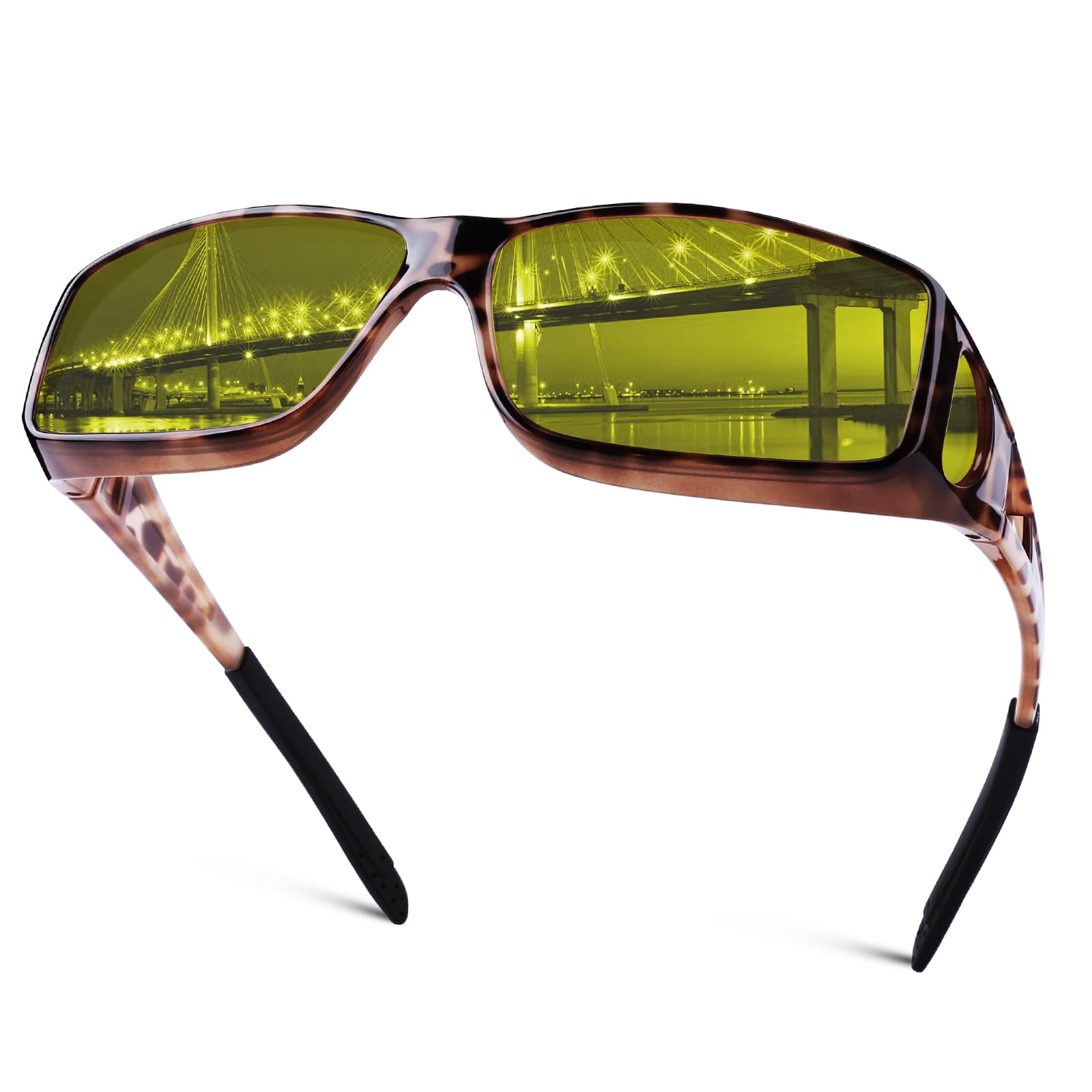 Nachtfahrbrille für Männer und Frauen, passt über Sonnenbrille, blendfrei, polarisiert, HD-Nachtsichtbrille, 06 Braun/Gelb Nachtsichtlinse