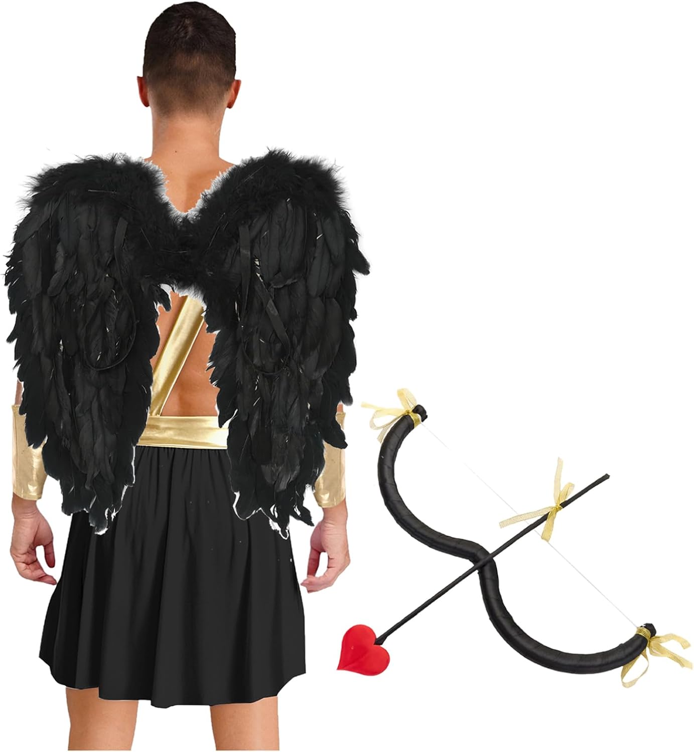 YiZYiF Men's God of Love Costume 4-piece Halloween Heart Skirt Sleeves Wings Cupid Bow Arrow