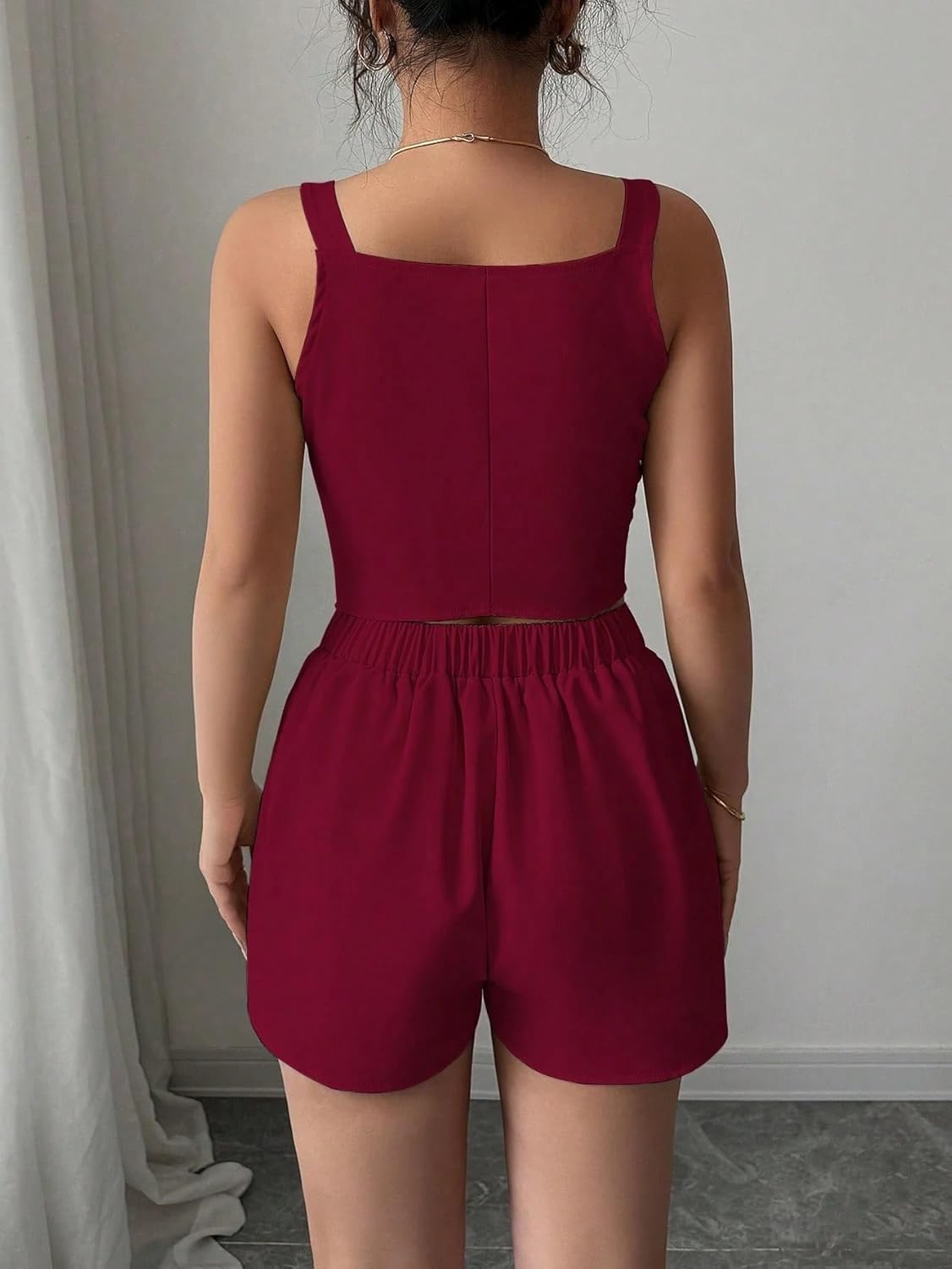 Women's Casual V Neck Slimming Fit 2 Piece Outfit Set Button Top Shorts