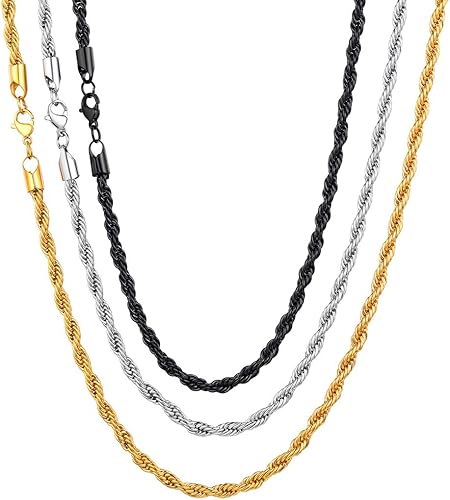 U7 Figaro Chain, Twisted Rope Chain, Men Stainless Steel Necklace,3mm,5mm,6mm,9mm 18K Gold Plated Chains Necklaces for Boys & Women 16"-30"