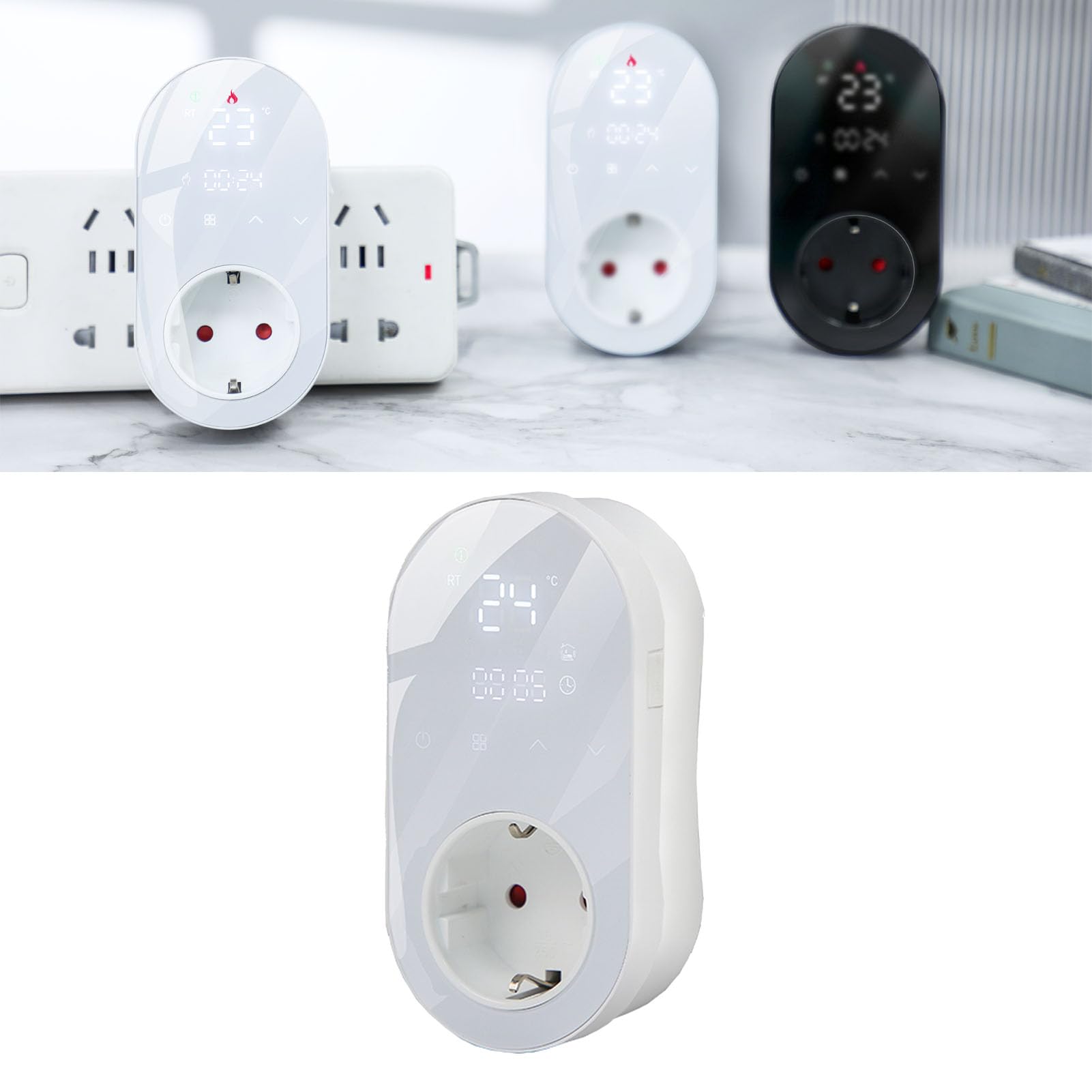 Marhynchus Plug-in-Thermostat, WiFi, Digitaler Thermostat, Steckdose, ABS, 16 A, 41 Bis 194 Fahrenheit, APP, Sprachsteuerung, Programmierbarer Timer, LED-Touch-Display für die Heimheizung (White)