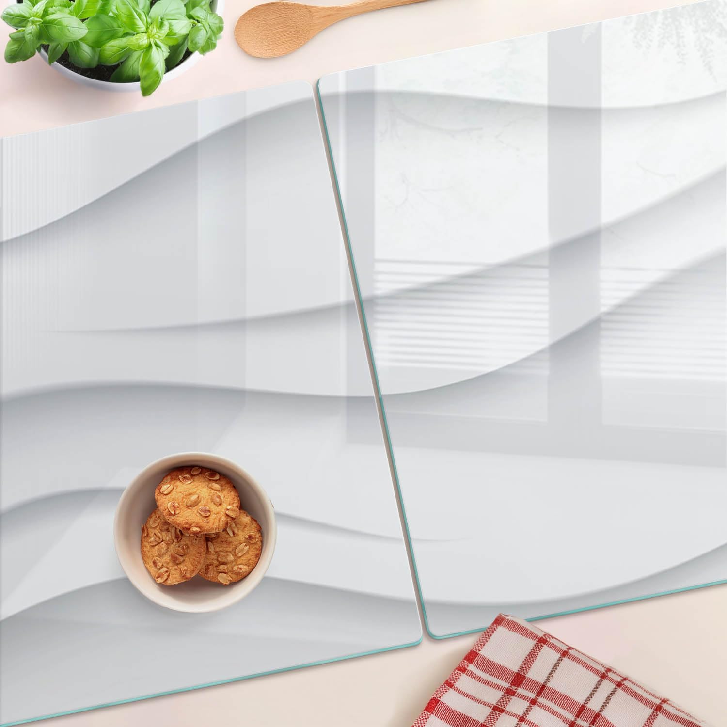 Schneidebretter Glas 2x40x52 cm für die Küche Plastikfrei 2 Stück Glasplatte Hitzebeständig Rutschfest Silikonfüße Lebensmittelecht Dekorativ Antibakteriell Gehärtetes Glas - Wellenabstraktion