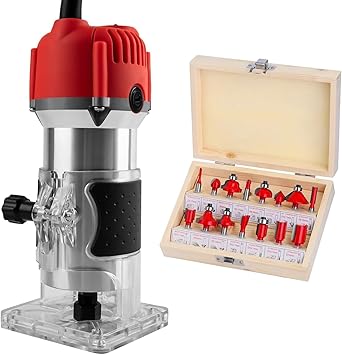 Palm Wood Router Tool, 110V 800W Wood Routers for Woodworking, 30000R/MIN Compact Edge Trimmer with 15 PCS 1/4" Router Bit Set