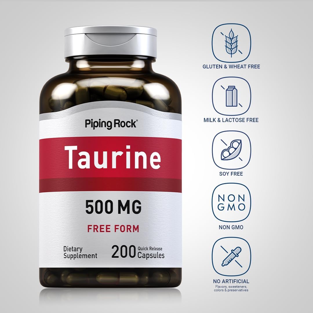Piping Rock Taurine Supplement 500mg | 200 Capsules | Free Form Amino Acid | Non-GMO, Gluten Free - Image 3